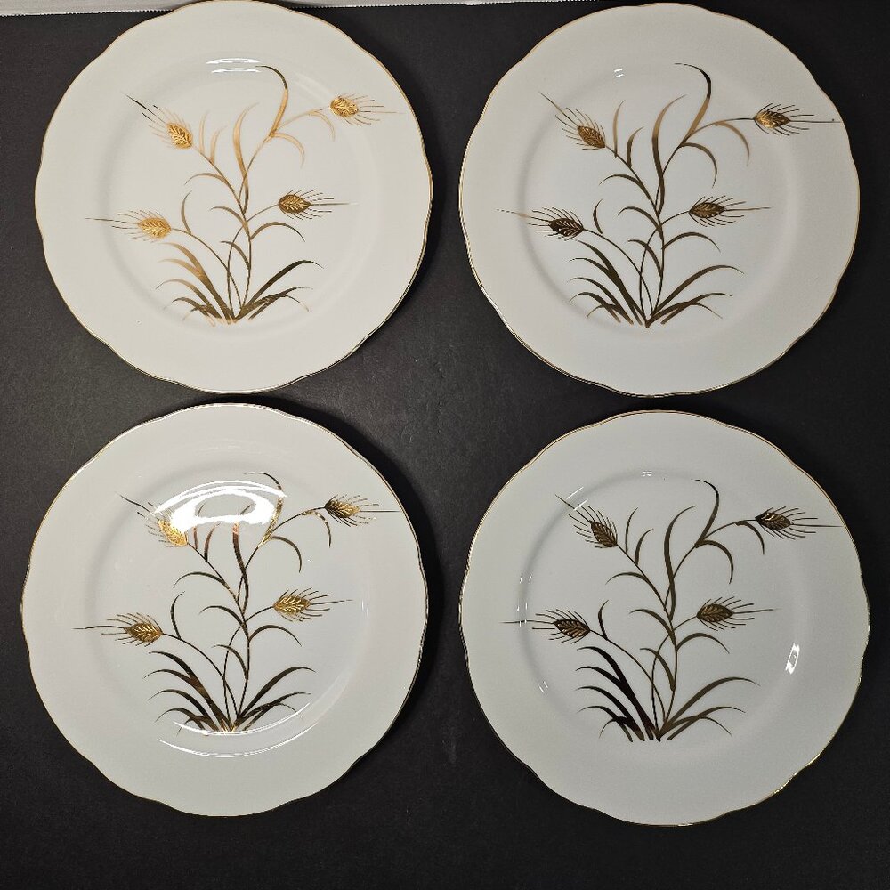1950s Lefton China Gold Wheat Design And On Edge Of White Set of 4 Salad Plates